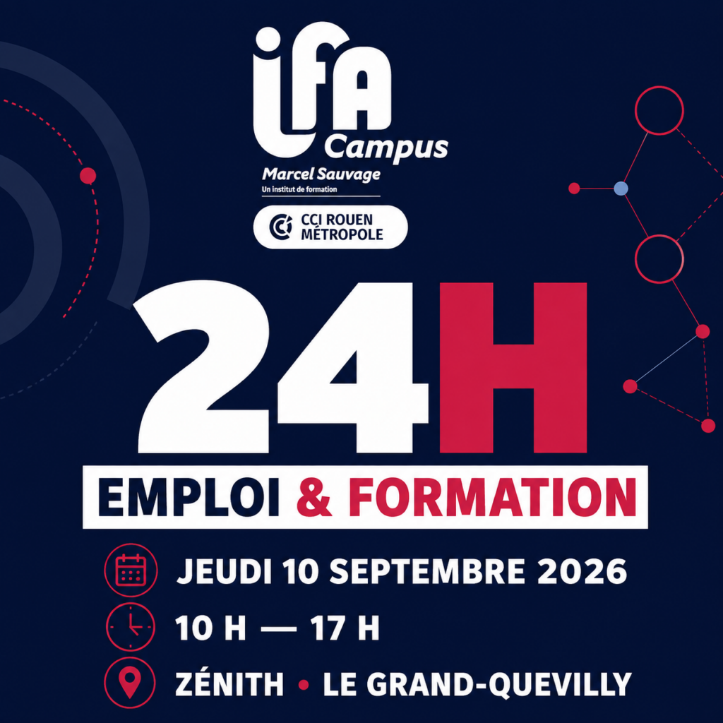 Affiche des 24H Emploi Formation au Zénith de Rouen le 10 septembre 2026, avec la participation de l’IFA Campus.